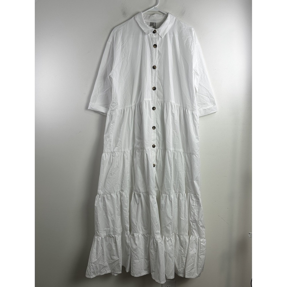 Asos White Cotton Maxi Tiered Shirt Dress Size 10 Tiered Cottagecore Peasant